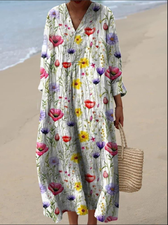 Sõltumatu jaama Euroopa ja Ameerika uus sügisene pikkade varrukatega kleit suurte suurustega V-kaelusega loominguline vabaaja pikkade varrukatega lahtine kleit