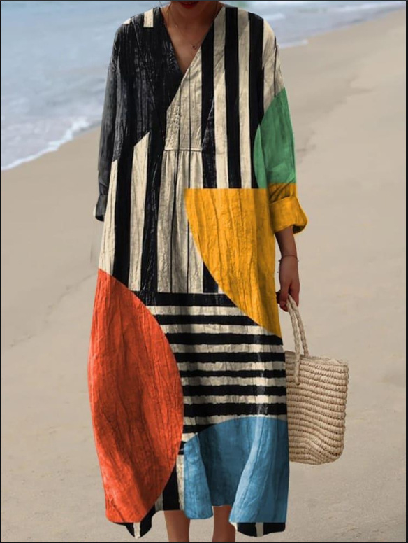 Sõltumatu jaama Euroopa ja Ameerika uus sügisene pikkade varrukatega kleit suurte suurustega V-kaelusega loominguline vabaaja pikkade varrukatega lahtine kleit