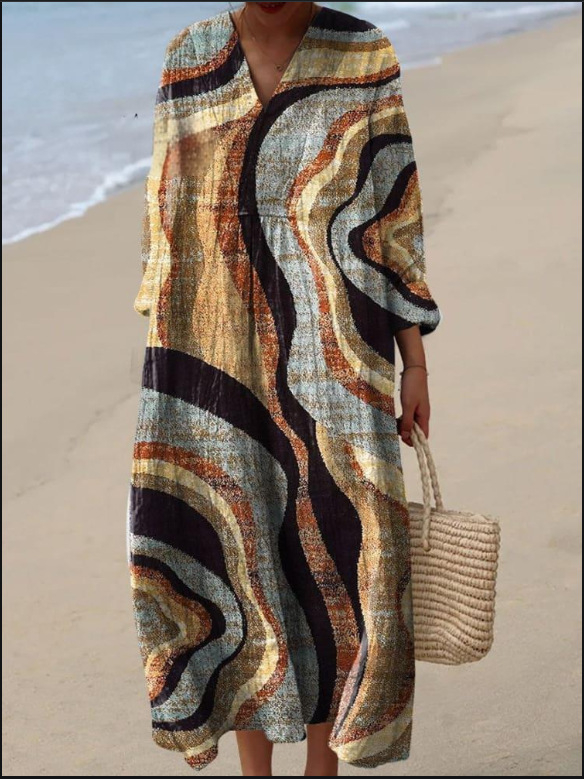 Sõltumatu jaama Euroopa ja Ameerika uus sügisene pikkade varrukatega kleit suurte suurustega V-kaelusega loominguline vabaaja pikkade varrukatega lahtine kleit