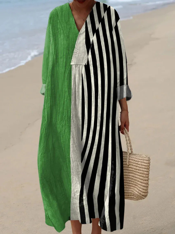 Sõltumatu jaama Euroopa ja Ameerika uus sügisene pikkade varrukatega kleit suurte suurustega V-kaelusega loominguline vabaaja pikkade varrukatega lahtine kleit