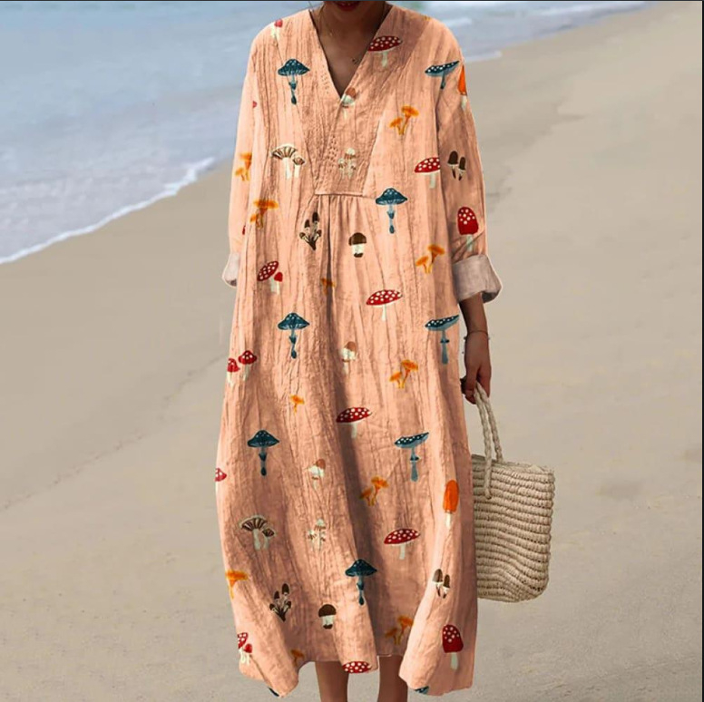 Sõltumatu jaama Euroopa ja Ameerika uus sügisene pikkade varrukatega kleit suurte suurustega V-kaelusega loominguline vabaaja pikkade varrukatega lahtine kleit