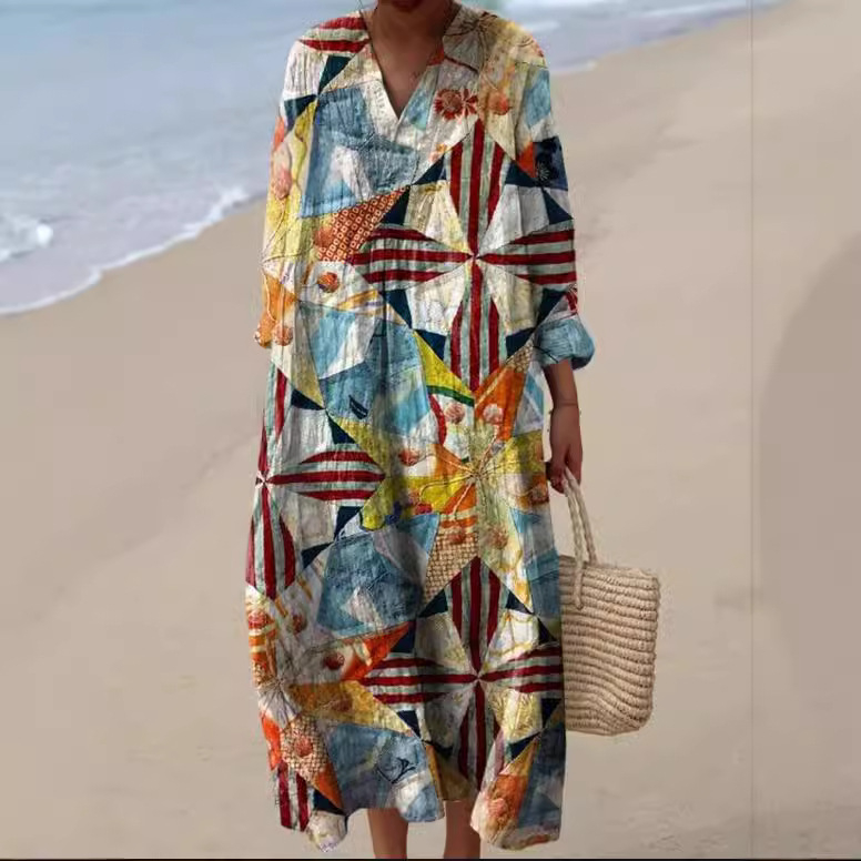 Nezavisna stanica Europska i američka nova jesenska haljina dugih rukava velike veličine s V izrezom Kreativna ležerna haljina dugih rukava široke širine