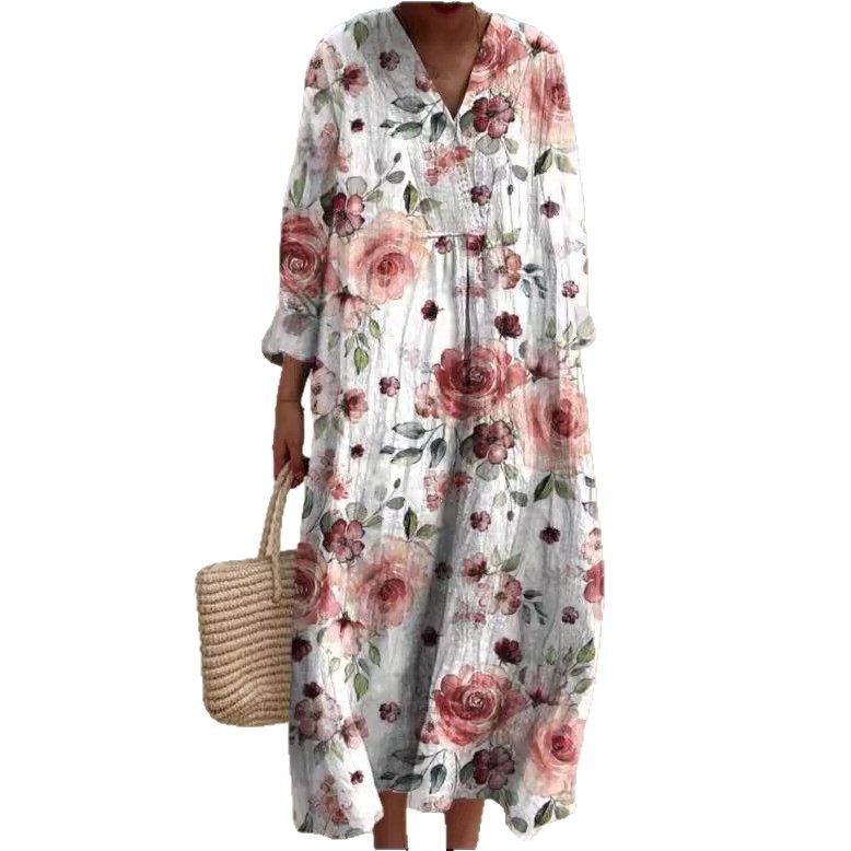 Nezavisna stanica Europska i američka nova jesenska haljina dugih rukava velike veličine s V izrezom Kreativna ležerna haljina dugih rukava široke širine