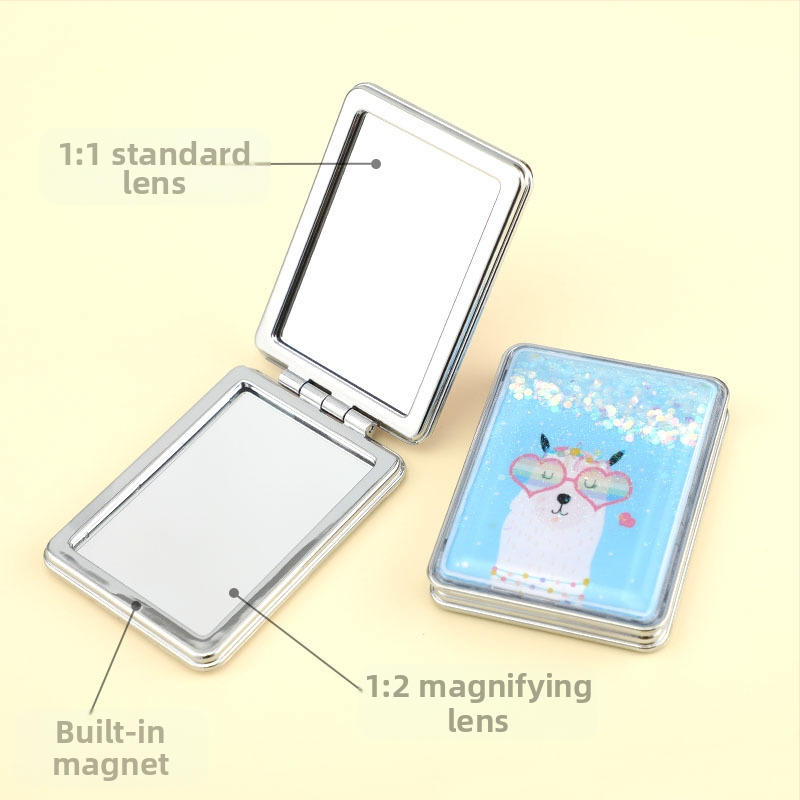 Преносимо огледало за грим на склад, правоъгълно модерно огледало за красота с течен пясък, дамско двустранно сгъваемо мини огледало за грим