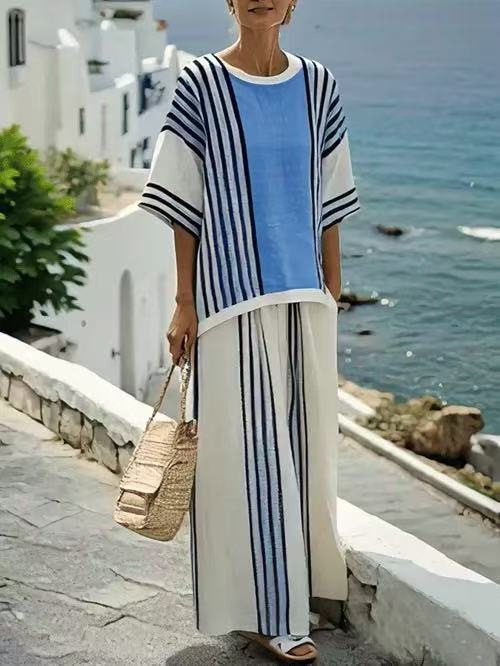 Határokon átnyúló rövid ujjú ingkosztüm divatos digitális nyomtatású női bő kerek nyakú felső magas derekú nadrág kétrészes szett