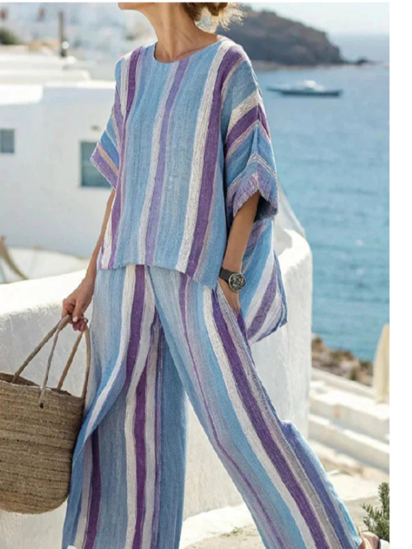 Határokon átnyúló rövid ujjú ingkosztüm divatos digitális nyomtatású női bő kerek nyakú felső magas derekú nadrág kétrészes szett