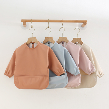 Daniški vaikiški ilgomis rankovėmis pu sijonėliai su persirengimo efektu kūdikio valgomojo drabužiams, itin minkšti, vandeniui atsparūs, vientisos spalvos, su ryžių kišenėmis, apsaugantys nuo nešvarumų maitinimo drabužiams