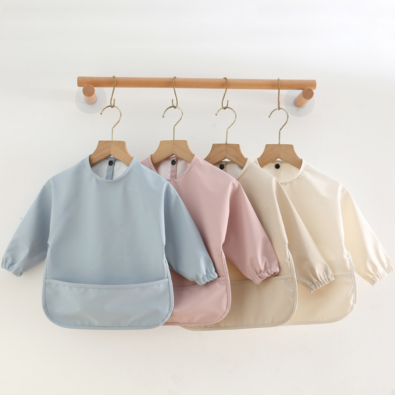 Daniški vaikiški ilgomis rankovėmis pu sijonėliai su persirengimo efektu kūdikio valgomojo drabužiams, itin minkšti, vandeniui atsparūs, vientisos spalvos, su ryžių kišenėmis, apsaugantys nuo nešvarumų maitinimo drabužiams