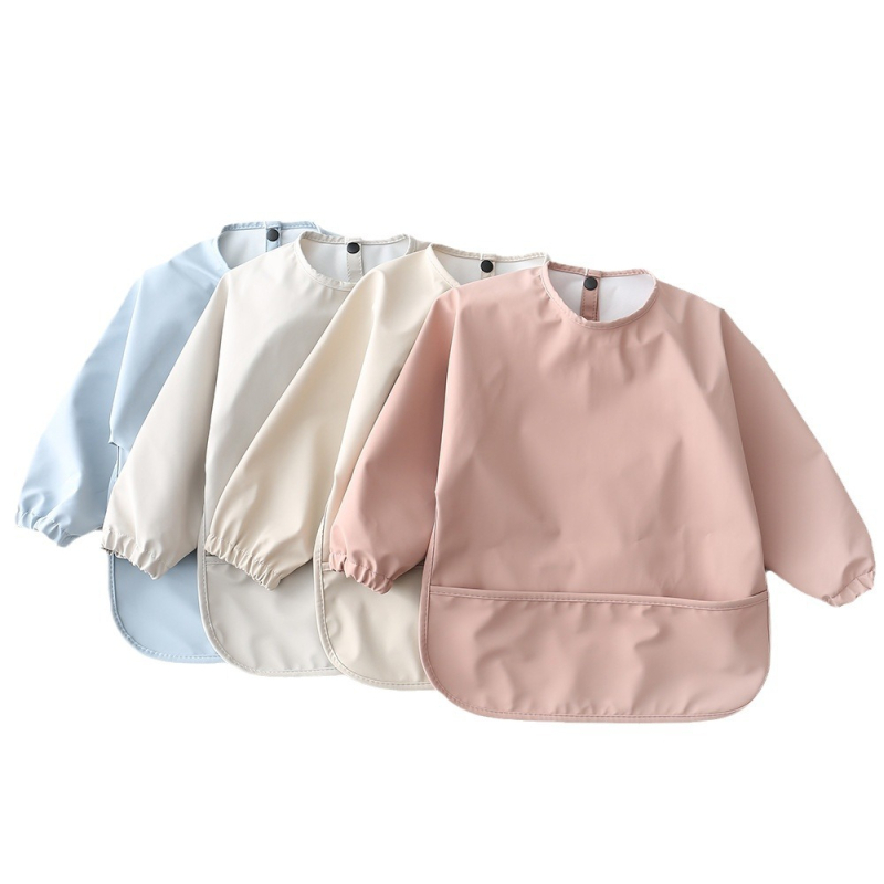 Daniški vaikiški ilgomis rankovėmis pu sijonėliai su persirengimo efektu kūdikio valgomojo drabužiams, itin minkšti, vandeniui atsparūs, vientisos spalvos, su ryžių kišenėmis, apsaugantys nuo nešvarumų maitinimo drabužiams