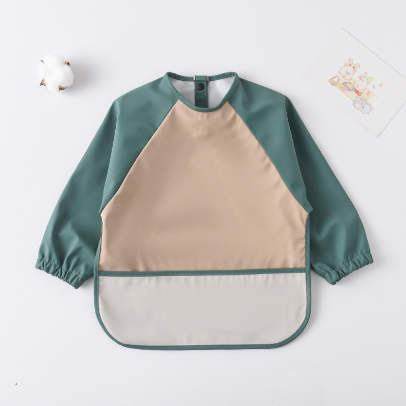 Daniški vaikiški ilgomis rankovėmis pu sijonėliai su persirengimo efektu kūdikio valgomojo drabužiams, itin minkšti, vandeniui atsparūs, vientisos spalvos, su ryžių kišenėmis, apsaugantys nuo nešvarumų maitinimo drabužiams