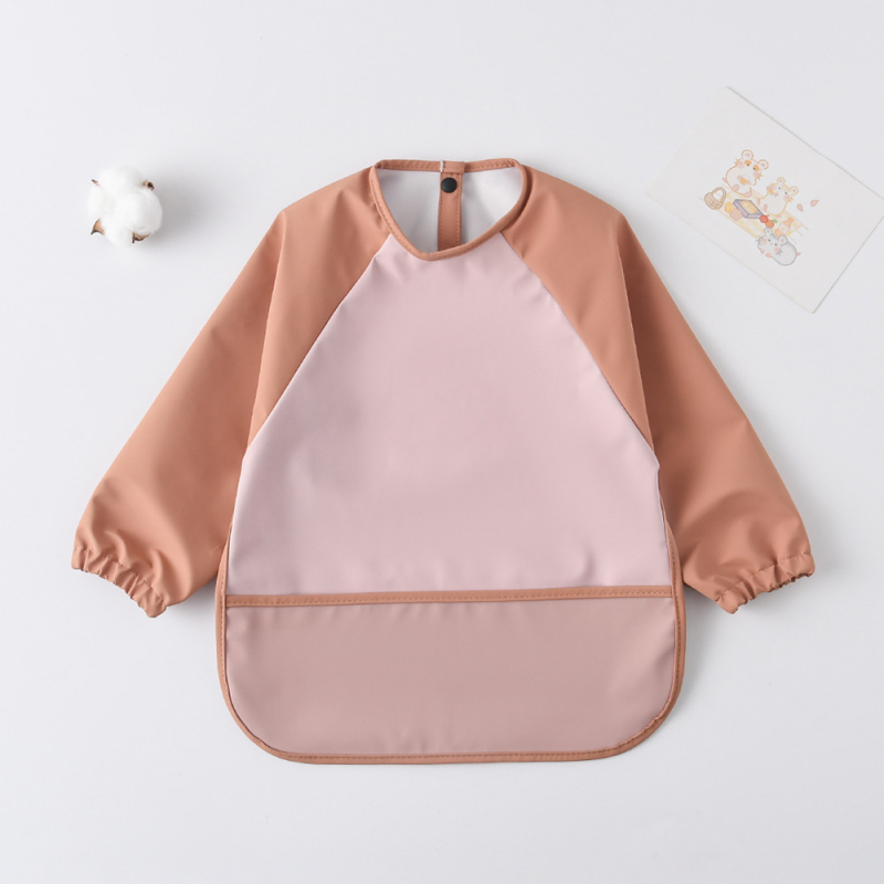 Daniški vaikiški ilgomis rankovėmis pu sijonėliai su persirengimo efektu kūdikio valgomojo drabužiams, itin minkšti, vandeniui atsparūs, vientisos spalvos, su ryžių kišenėmis, apsaugantys nuo nešvarumų maitinimo drabužiams