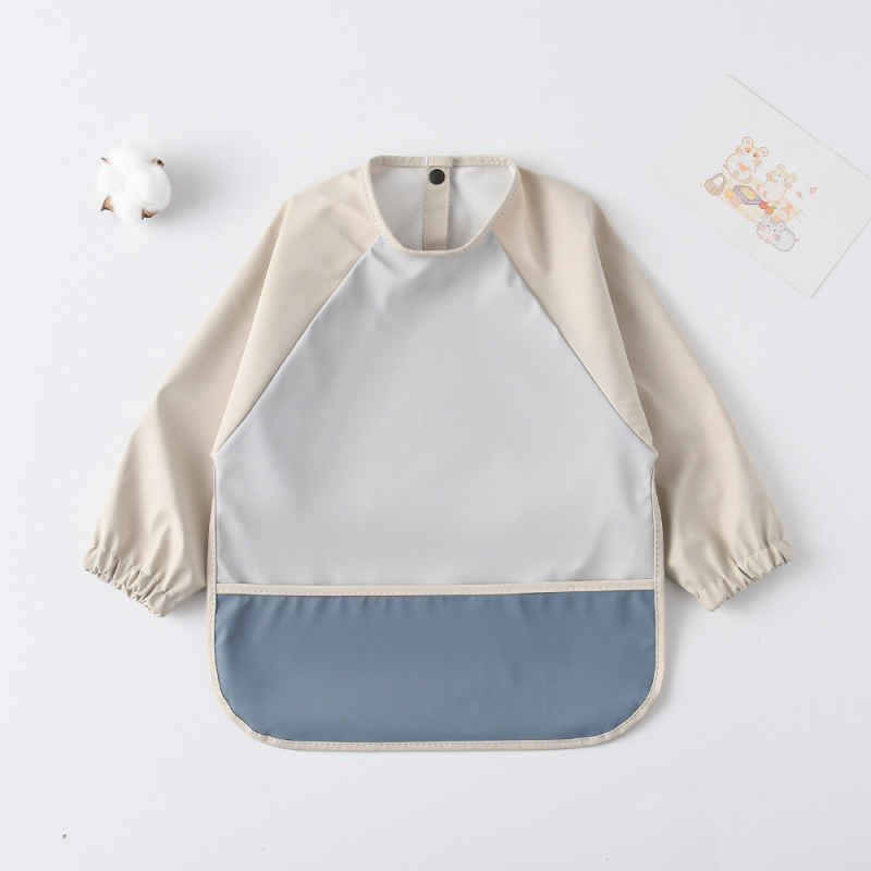 Daniški vaikiški ilgomis rankovėmis pu sijonėliai su persirengimo efektu kūdikio valgomojo drabužiams, itin minkšti, vandeniui atsparūs, vientisos spalvos, su ryžių kišenėmis, apsaugantys nuo nešvarumų maitinimo drabužiams