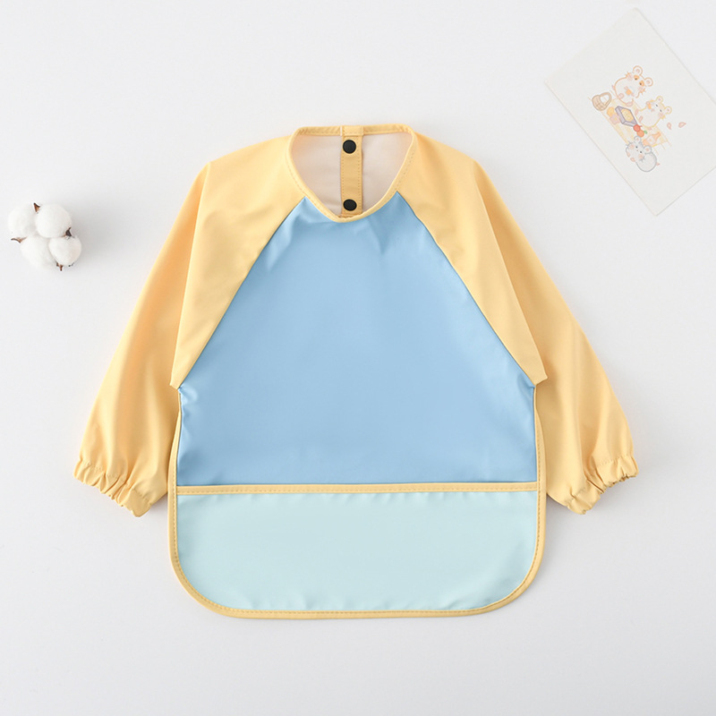 Daniški vaikiški ilgomis rankovėmis pu sijonėliai su persirengimo efektu kūdikio valgomojo drabužiams, itin minkšti, vandeniui atsparūs, vientisos spalvos, su ryžių kišenėmis, apsaugantys nuo nešvarumų maitinimo drabužiams