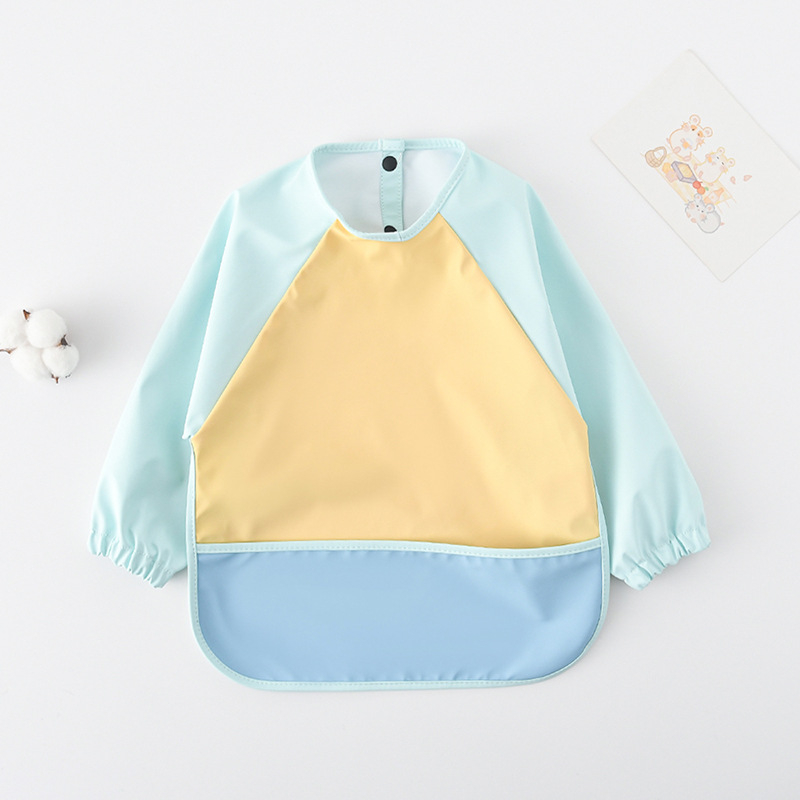 Daniški vaikiški ilgomis rankovėmis pu sijonėliai su persirengimo efektu kūdikio valgomojo drabužiams, itin minkšti, vandeniui atsparūs, vientisos spalvos, su ryžių kišenėmis, apsaugantys nuo nešvarumų maitinimo drabužiams