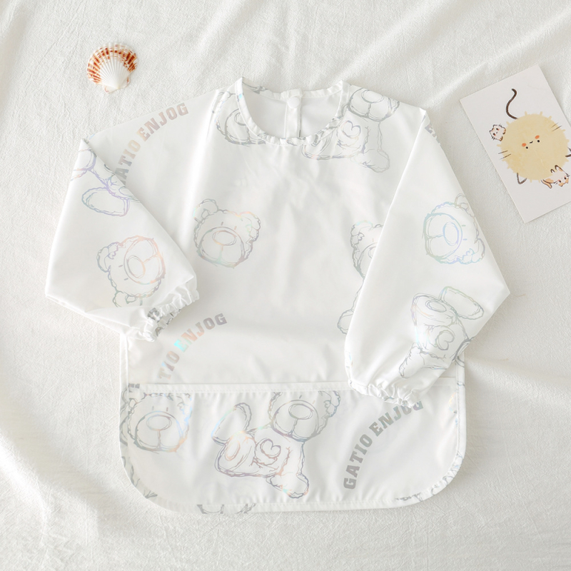 Daniški vaikiški ilgomis rankovėmis pu sijonėliai su persirengimo efektu kūdikio valgomojo drabužiams, itin minkšti, vandeniui atsparūs, vientisos spalvos, su ryžių kišenėmis, apsaugantys nuo nešvarumų maitinimo drabužiams