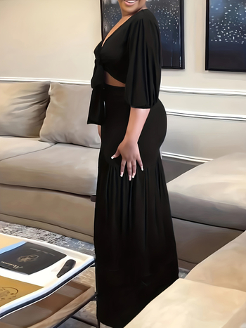 Дамска секси рокля тип русалка с кръстосано деколте, накъдрени ръкави и дълга връзка, Palencia Clothing