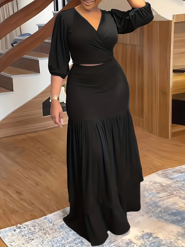 Palencia Clothing Rochie lungă până la podea, model sirenă, sexy, cu guler încrucișat, mâneci încrețite, cu noduri