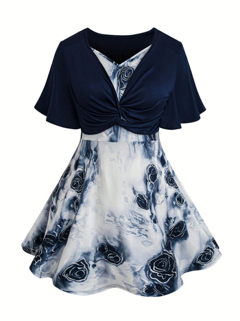 pluss-suuruses ühevärviline lapitehnikas keerdmustriga lihtne vabaaja kleit ja püksid, kaheosaline komplekt