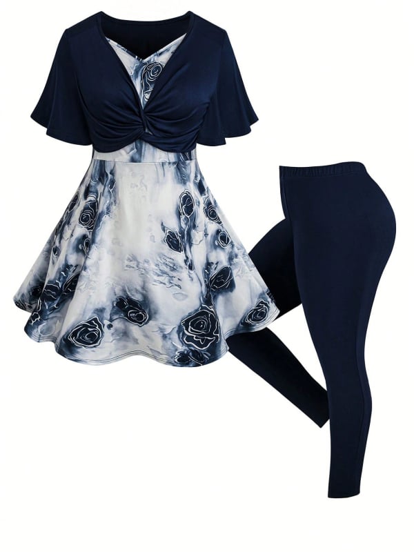 Set de 2 piese rochie și pantaloni casual simplu, cu model patchwork, mărime plus, în culori solide