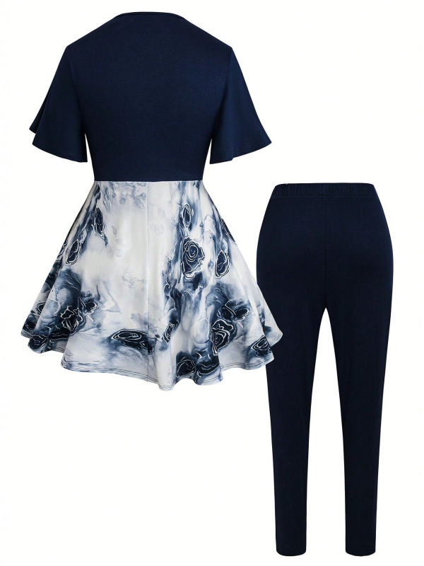 pluss-suuruses ühevärviline lapitehnikas keerdmustriga lihtne vabaaja kleit ja püksid, kaheosaline komplekt