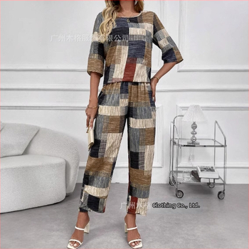 2025 Ευρωπαϊκή και Αμερικανική Διασυνοριακή Μόδα Νέο Καλοκαιρινό Γεωμετρικό Σχέδιο με Κοντό Μανίκι και Παντελόνι Καρότο