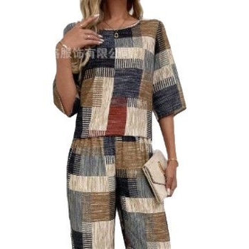 2025 Ευρωπαϊκή και Αμερικανική Διασυνοριακή Μόδα Νέο Καλοκαιρινό Γεωμετρικό Σχέδιο με Κοντό Μανίκι και Παντελόνι Καρότο