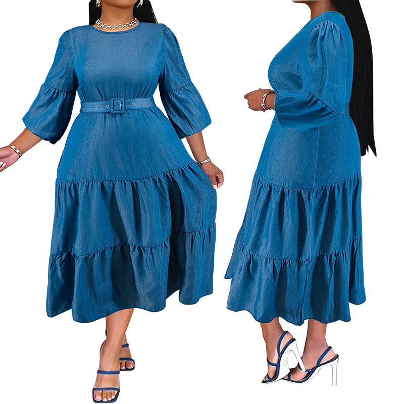 218373 Rochie din denim pentru femei, mărime plus, transfrontalieră europeană și americană, fustă plisată, cu curea, decolorare microreflectorizantă, stil nou
