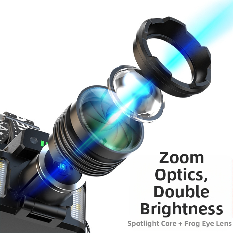 Трансграничен горещ продаван индукционен бял лазер USB зареждане Червен Син Бял LED оптичен зум многофункционален външен фар