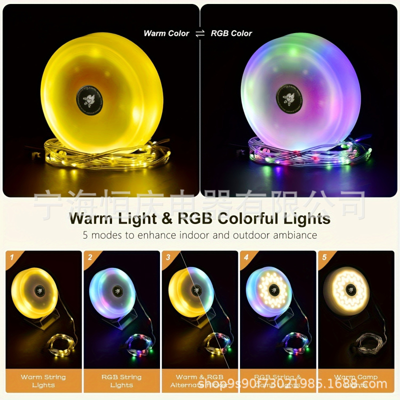 Външна къмпинг светлина с кожен кабел, дълъг живот, светодиодна цветна лента с ролетка, USB акумулаторна светлина за къмпинг, атмосфера на палатка