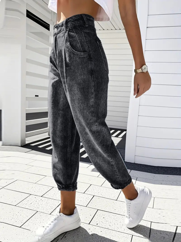 Pārrobežu Amazon Plus izmēra sieviešu modes elastīgas konusveida bikses ar retro stila mazgātu džinsu ikdienas elastīgas deviņu punktu bikses