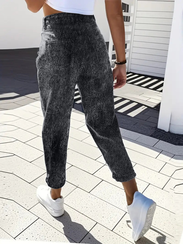 Pārrobežu Amazon Plus izmēra sieviešu modes elastīgas konusveida bikses ar retro stila mazgātu džinsu ikdienas elastīgas deviņu punktu bikses