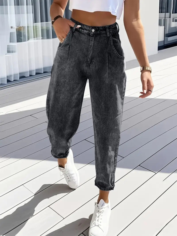 Pārrobežu Amazon Plus izmēra sieviešu modes elastīgas konusveida bikses ar retro stila mazgātu džinsu ikdienas elastīgas deviņu punktu bikses