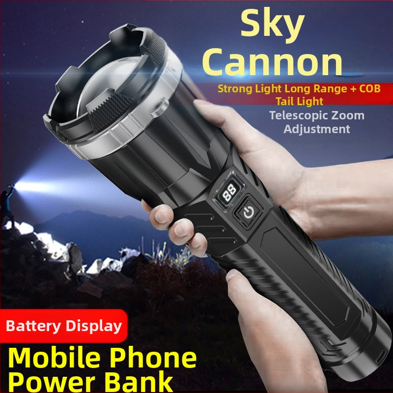 Uus valge laseriga tugeva valgusega pikamaa taskulamp ABS-multifunktsionaalne valgustuslamp, mis laadib öökalapüügilambi võimsuse näidikuga