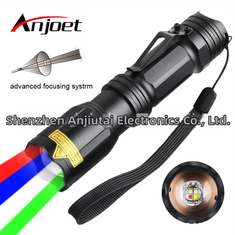Piiriülene WRGB neljavärviline valgusallikaga taskulamp teleskoop-suumvalgusti, tugev valgus, pikamaa LED-valge punane sinine roheline signaaltuli