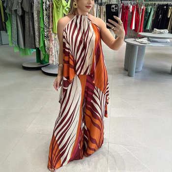 Ανεξάρτητος σταθμός 2025 Ευρωπαϊκό και αμερικανικό καλοκαίρι νέα τοποθέτηση τυπωμένα μακρυμάνικα παντελόνια με φαρδιά πόδια, μοντέρνα γυναικεία ρούχα δύο τεμαχίων