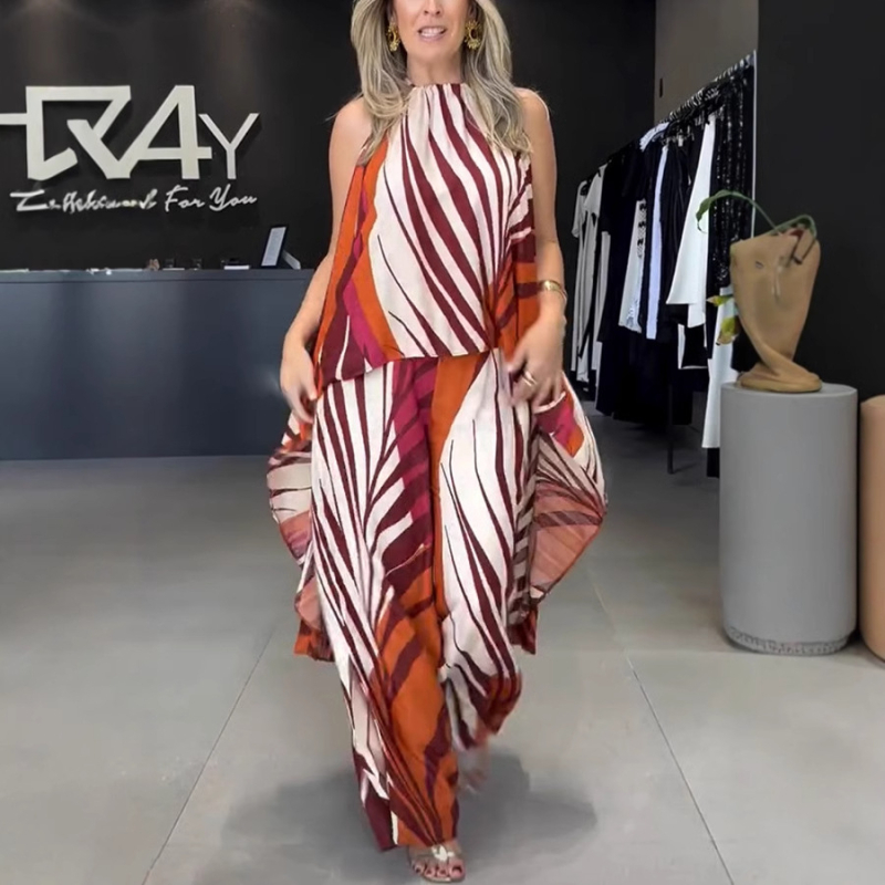 Sõltumatu jaama 2025. aasta Euroopa ja Ameerika suvised uue positsioneerimisega trükitud pikkade varrukatega laiade säärega püksid, mood kaheosalised naisterõivad