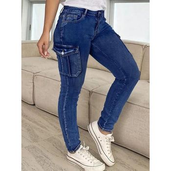 Дънки с висока талия и плътен цвят, ежедневни, удобни, с джобове