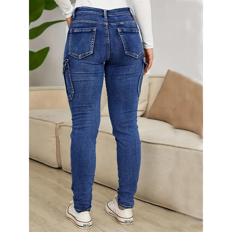 Ääriseülesed ühevärvilised taskuga kõrge vöökohaga teksad vabaaja tänaval mugavad