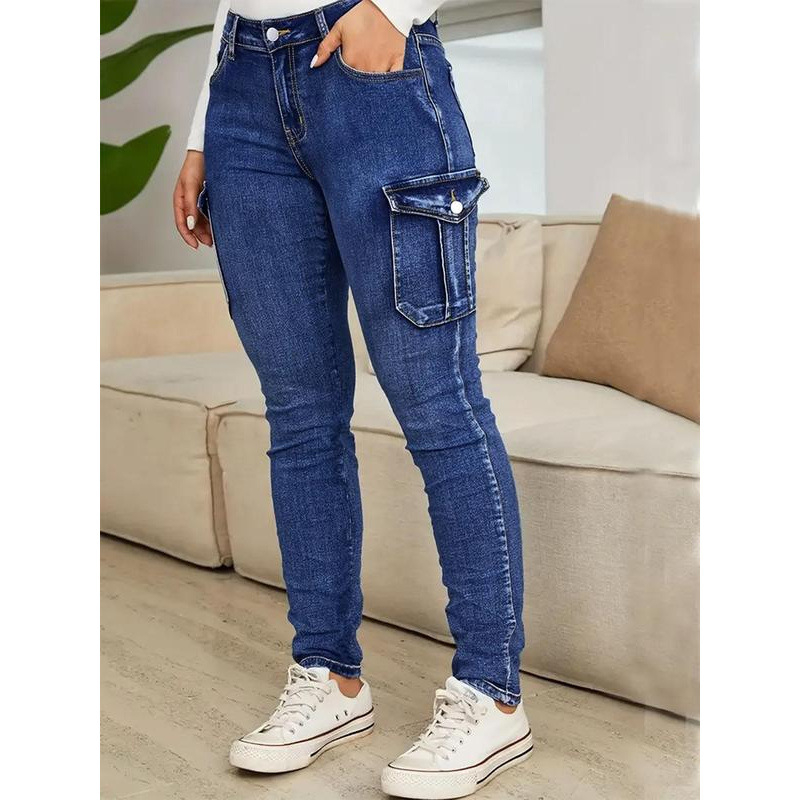 Ääriseülesed ühevärvilised taskuga kõrge vöökohaga teksad vabaaja tänaval mugavad