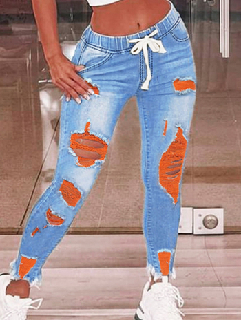 Piiriülesed Euroopa ja Ameerika naiste elastse vöökohaga teksad, naiste keskmise vöökohaga paeltega õhukesed venivad püksid, rebitud teksapüksid