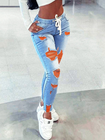 Piiriülesed Euroopa ja Ameerika naiste elastse vöökohaga teksad, naiste keskmise vöökohaga paeltega õhukesed venivad püksid, rebitud teksapüksid