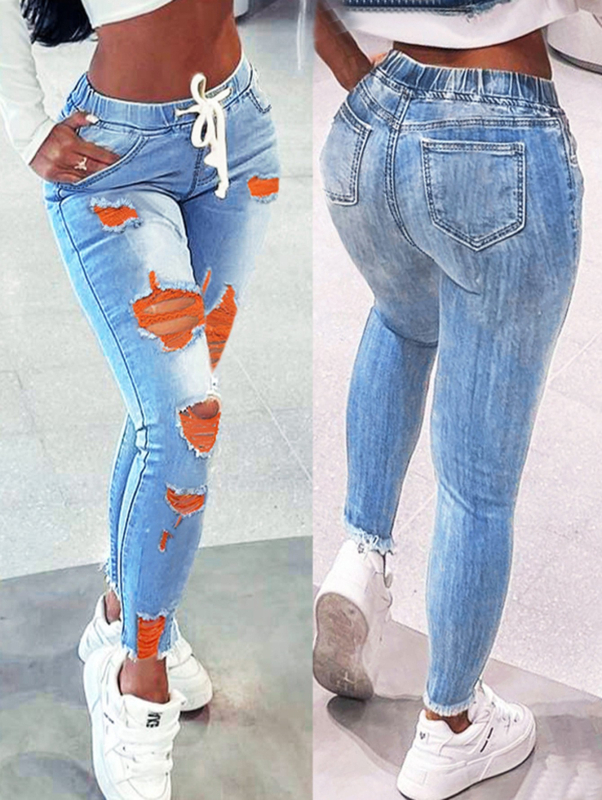 Piiriülesed Euroopa ja Ameerika naiste elastse vöökohaga teksad, naiste keskmise vöökohaga paeltega õhukesed venivad püksid, rebitud teksapüksid