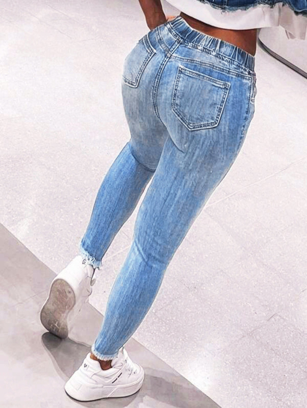 Piiriülesed Euroopa ja Ameerika naiste elastse vöökohaga teksad, naiste keskmise vöökohaga paeltega õhukesed venivad püksid, rebitud teksapüksid