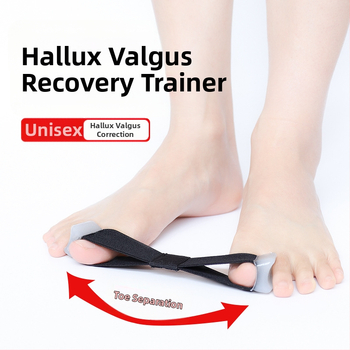 Vienpusis nykščio valgus įtvaras, kurį galima nešioti dieną ir naktį, su didžiojo pėdos kaulo įtempimo diržu, perdengiamu pirštų atskyrimo audiniu.