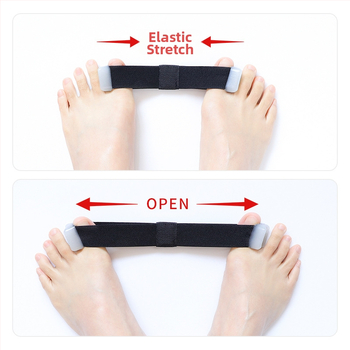 Vienpusis nykščio valgus įtvaras, kurį galima nešioti dieną ir naktį, su didžiojo pėdos kaulo įtempimo diržu, perdengiamu pirštų atskyrimo audiniu.