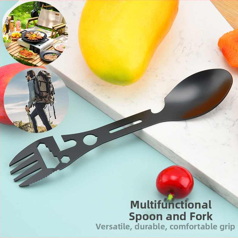 Deschizător de sticle multifuncțional în aer liber, cheie, lingură, deschizător de conserve, furculiță de pește, lingură de camping, tacâmuri, consumabile, lingură