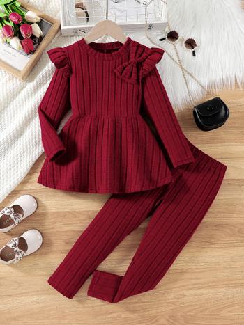 Tüdrukute kampsunkaelusega lendlevate varrukatega pikkade varrukatega kolmemõõtmeline lipsu ja vöökohaga polüesterfliisist toppüksid, moodne ülikond