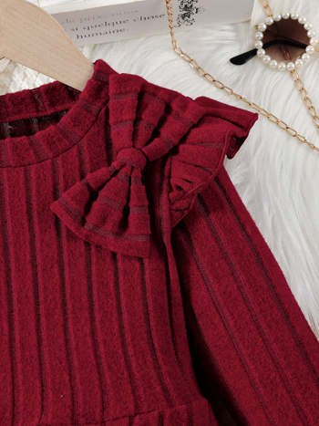 Παντελόνι με στρογγυλή λαιμόκοψη και μακριά μανίκια για κορίτσια, τρισδιάστατο φιόγκο στη μέση, με λάστιχο στη μέση και φιόγκο, μοντέρνο κοστούμι από πολυεστέρα και φλις