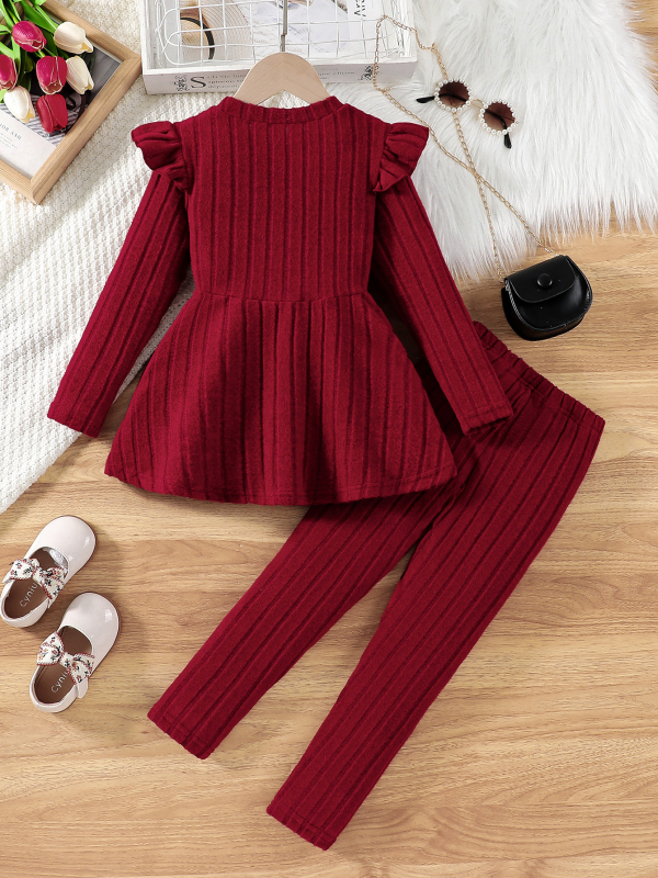 Tüdrukute kampsunkaelusega lendlevate varrukatega pikkade varrukatega kolmemõõtmeline lipsu ja vöökohaga polüesterfliisist toppüksid, moodne ülikond