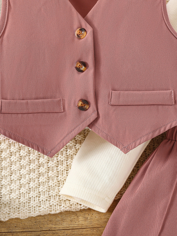 Εργοστάσιο χονδρικής υψηλής ποιότητας μικρό άρωμα ιδιοσυγκρασίας ροζ κόκκινο κοστούμι γιλέκο παντελόνι ψηλό κολάρο πουκάμισο κάτω τρία κομμάτια κοστούμι μόδας